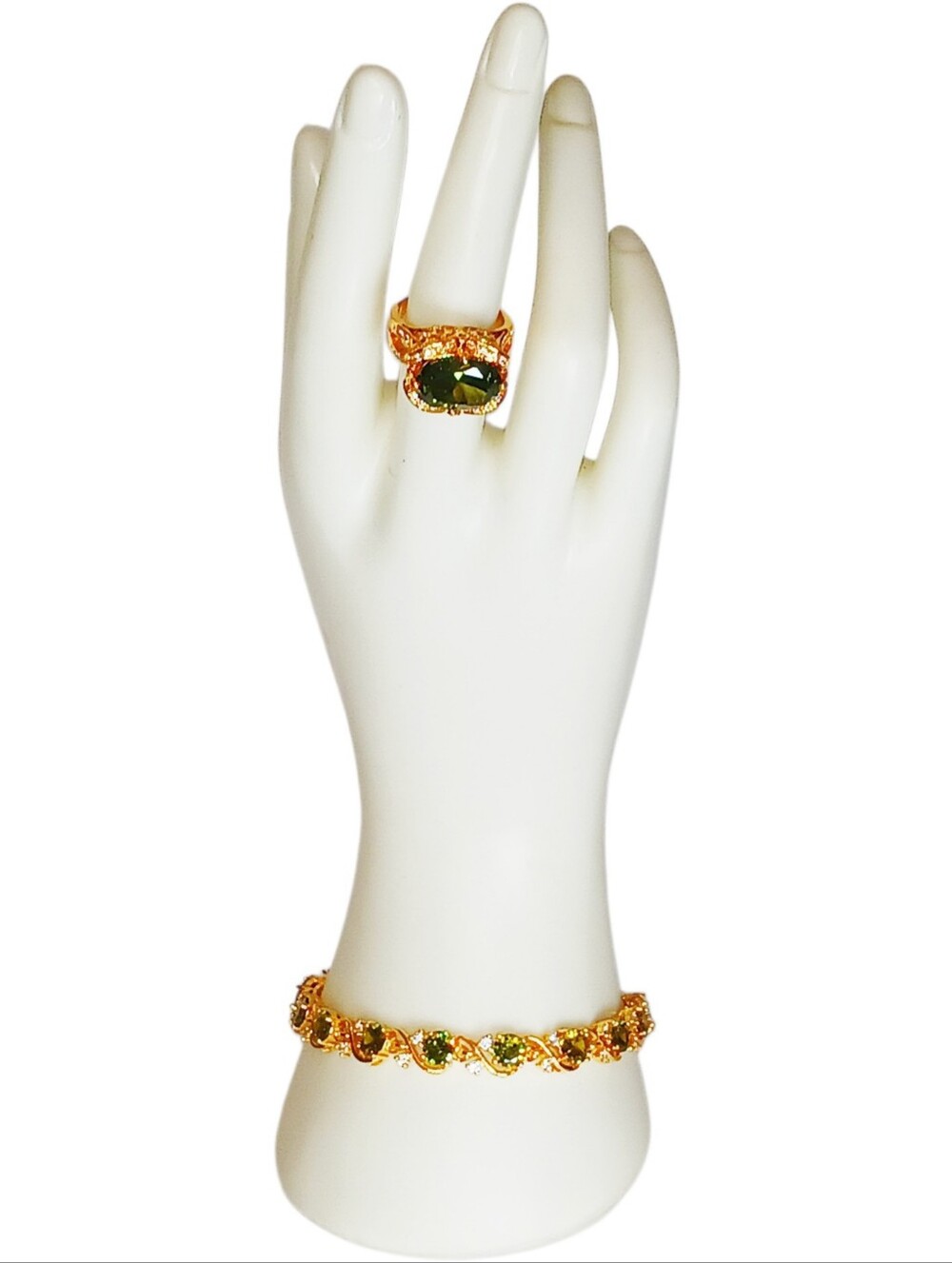 Tennis Bracelet & Cocktail Ring Set Green Gold Royalcore Regencycore Art Nouveau